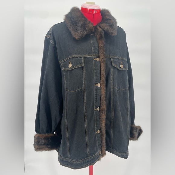 Dennis Basso (Faux) Fur Trimmed Dark Wash Denim Jacket Plus Size - Picture 6 of 16